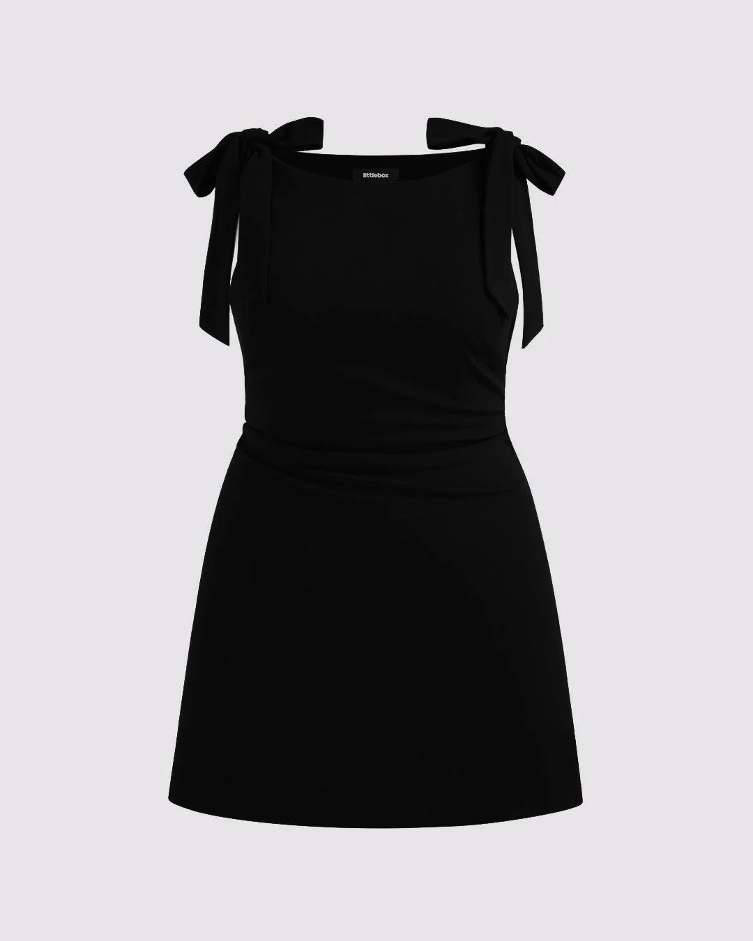 Boat Neck Solid Ruched Bowknot Mini Dress Curve & Plus In Black - Image 3