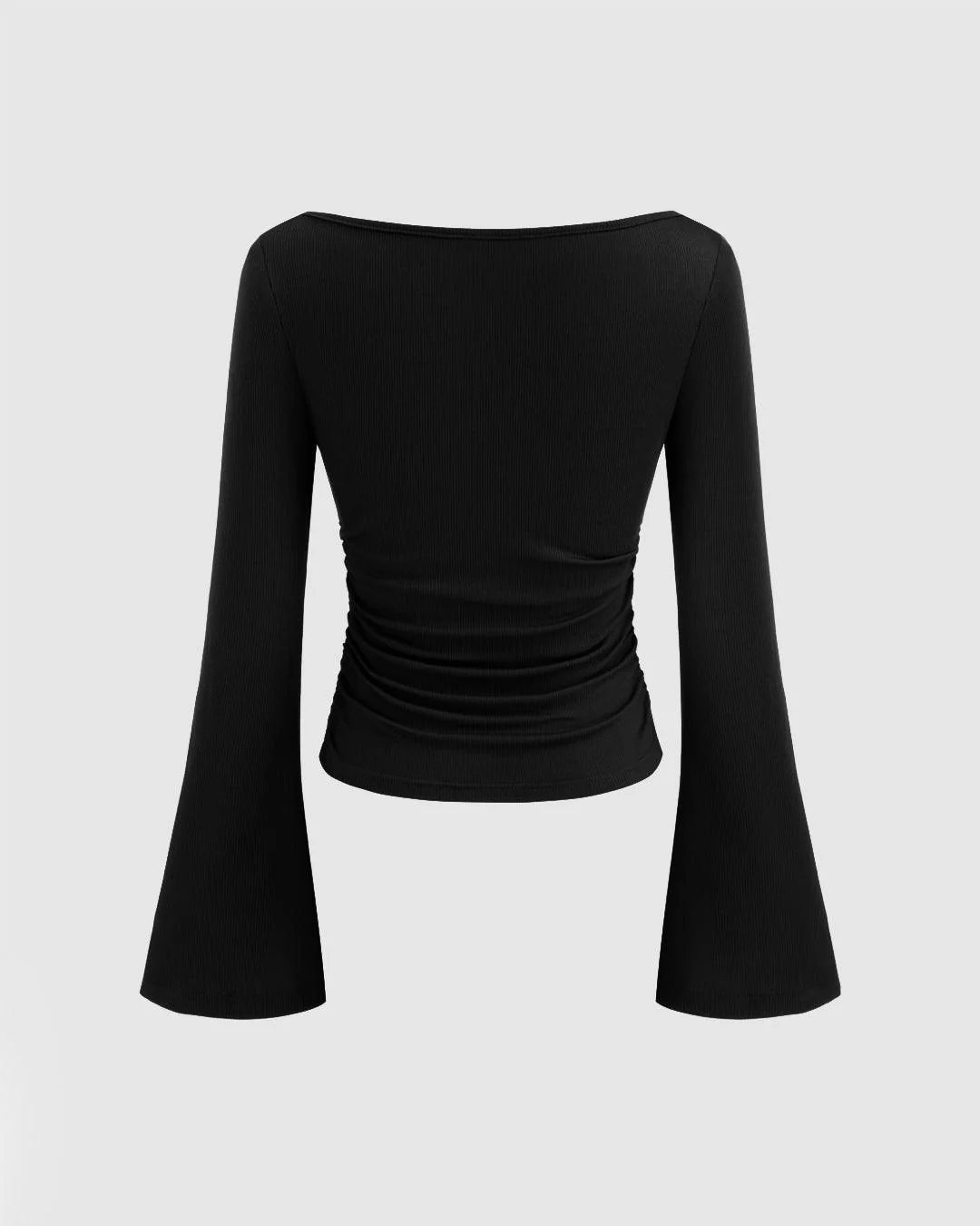 Round Neck Fitted Flared Sleeve Long Top in Black - Image 3