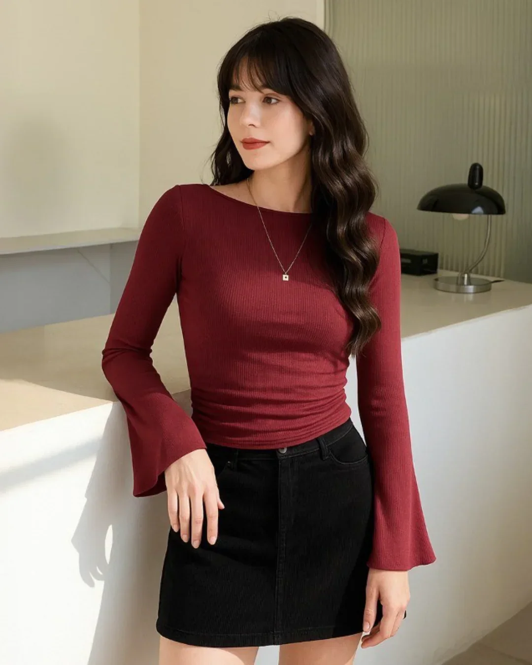 Boat Neck Ruched Flared Long Sleeve Solid Top in Red - Image 2