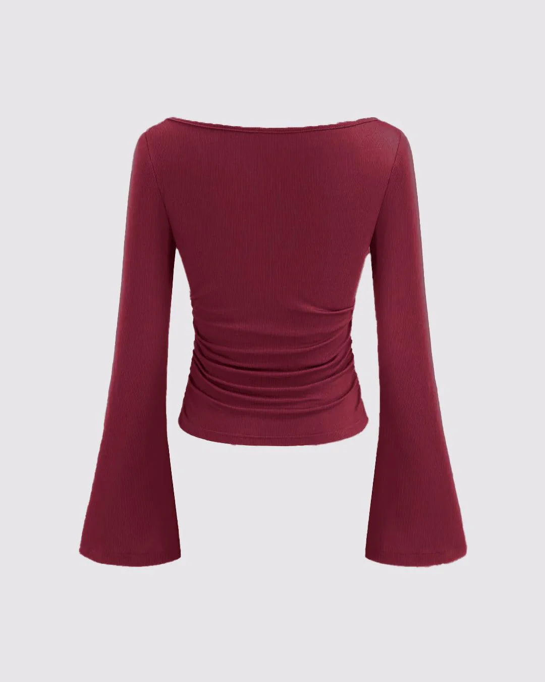 Boat Neck Ruched Flared Long Sleeve Solid Top in Red - Image 3