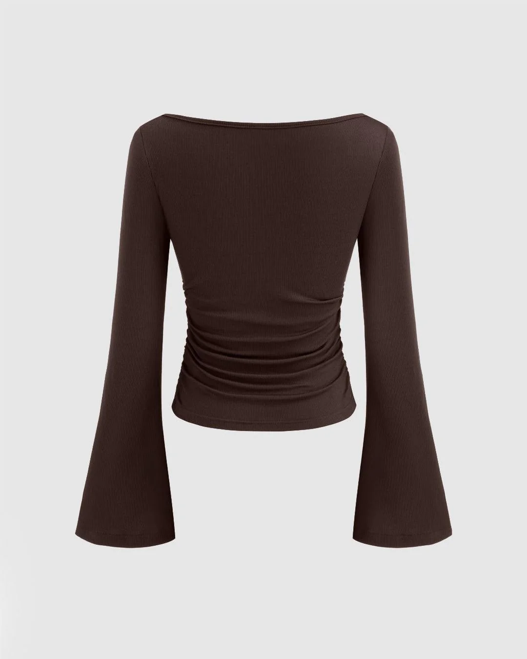 Boat Neck Solid Ruched Long Sleeve Top in Chocolate Brown - Image 3