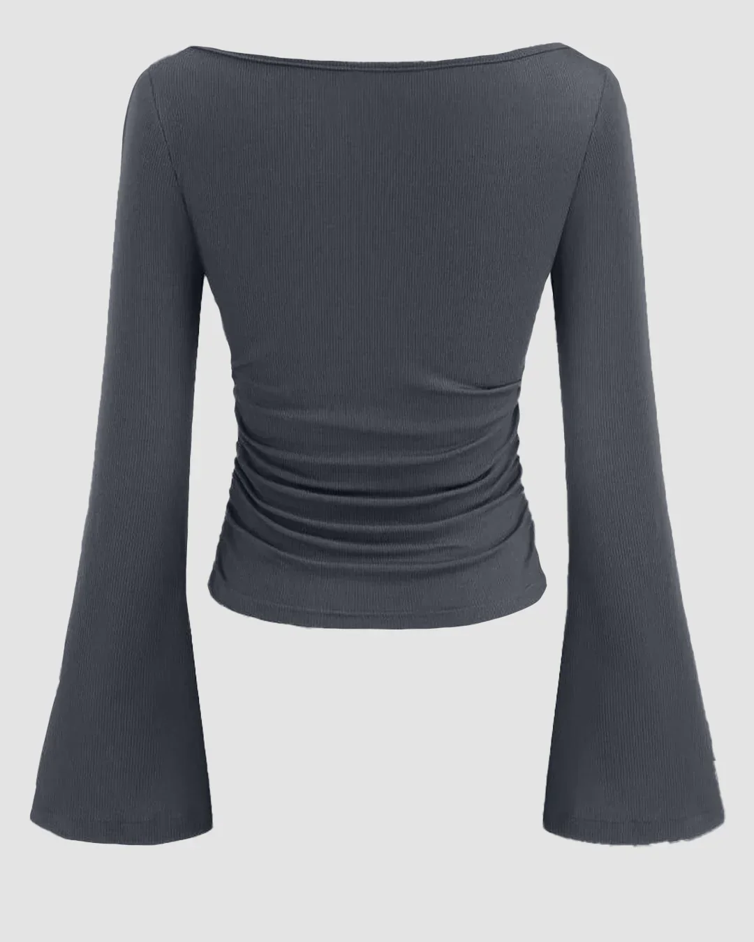 Boat Neck Solid Ruched Long Sleeve Top in Dark Grey - Image 2