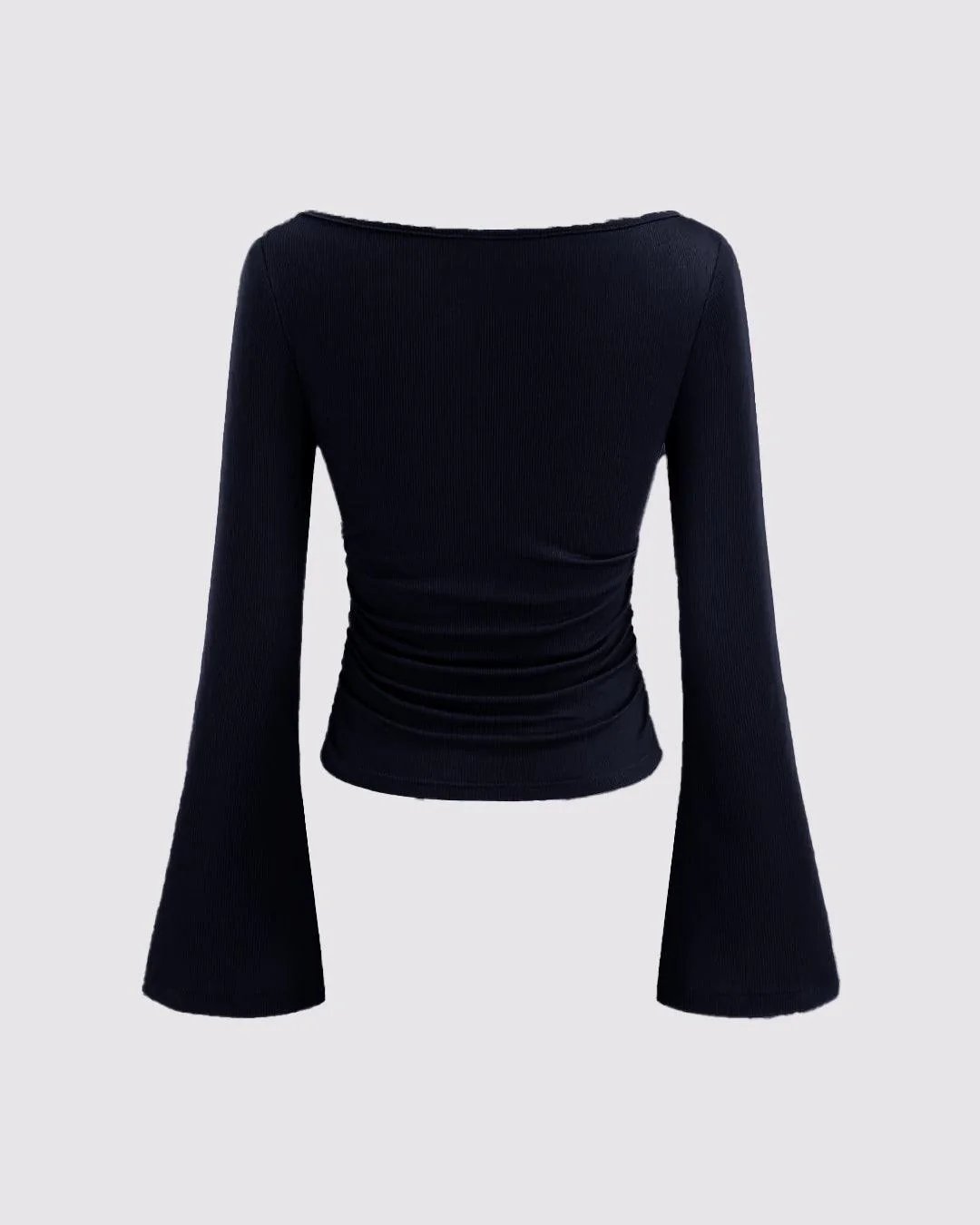 Boat Neck Solid Ruched Long Sleeve Top in Navy Blue - Image 2