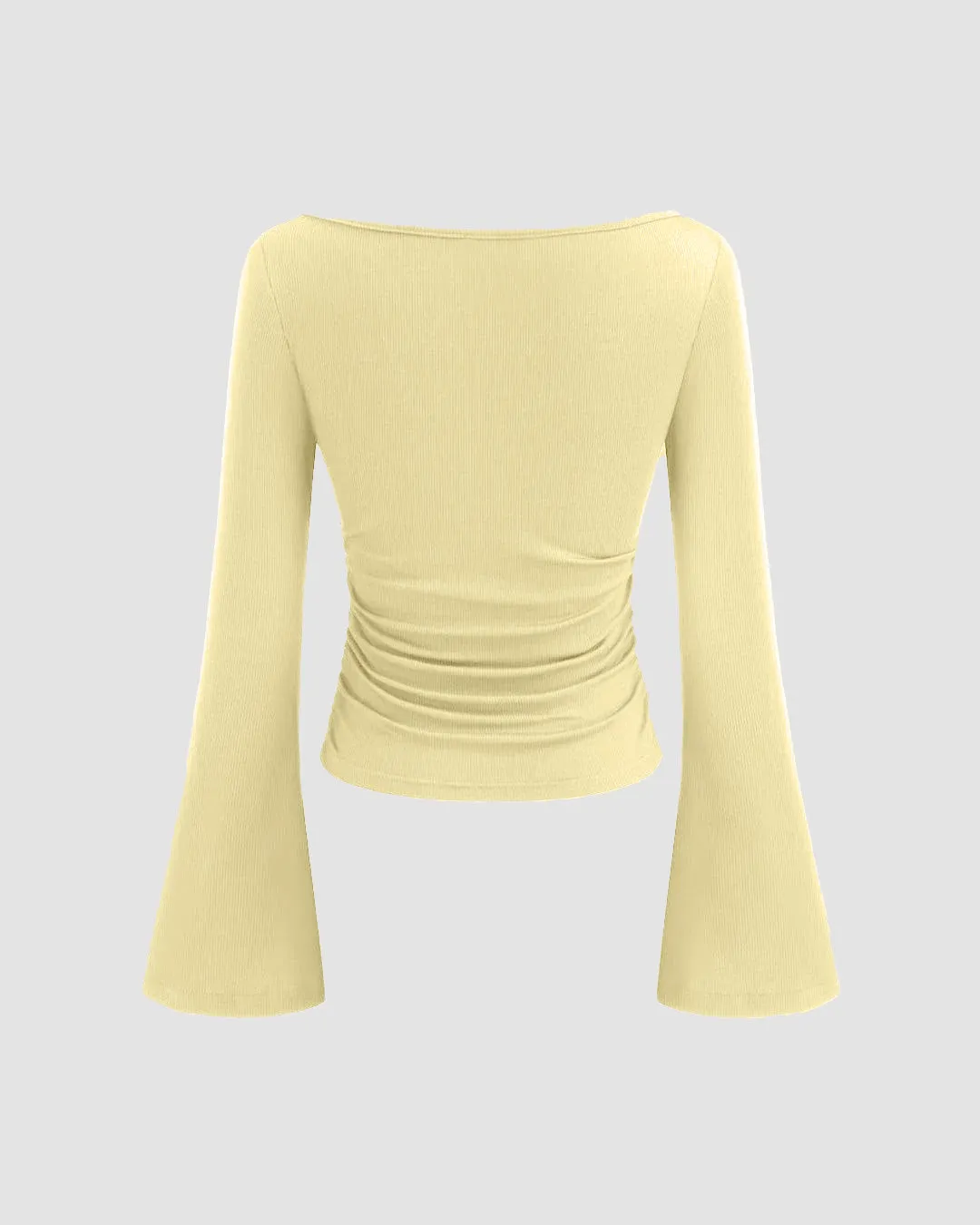 Flared Sleeve Boat Neck Solid Long Sleeve Top in Yellow - Image 3