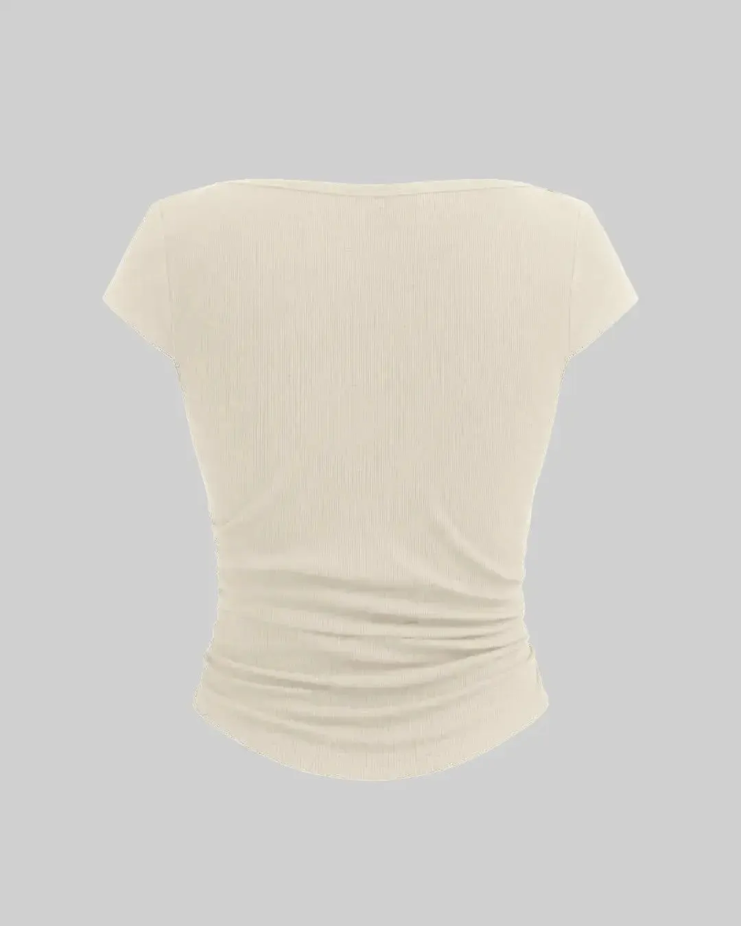 Boat Neck Solid Ruched Short Sleeve Apricot Top - Image 2