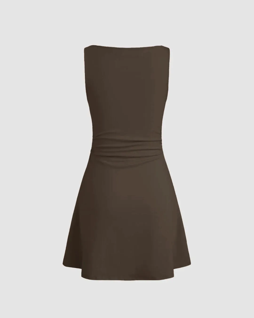 Boat Neck Solid Ruched Sleeveless Brown Mini Dress - Image 2