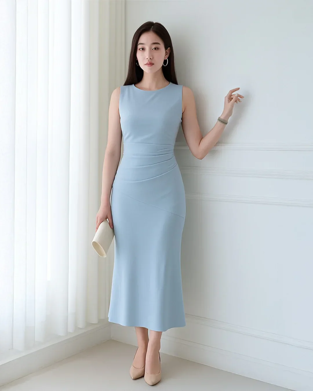 Boat Neck Solid Ruffle Ruched Ice Blue Maxi Dress - Image 2