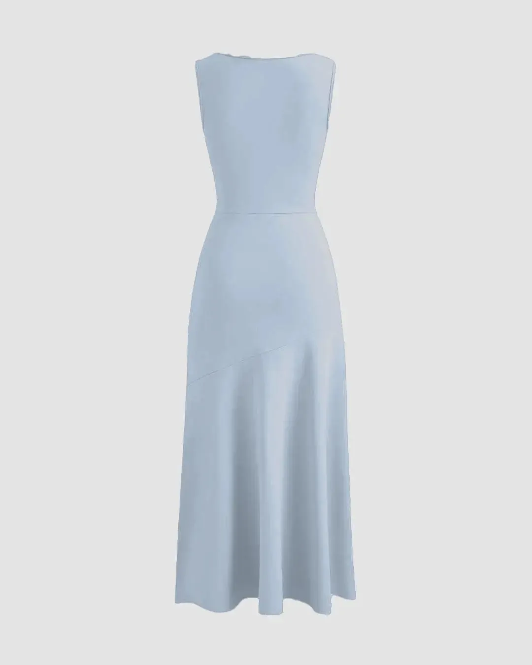 Boat Neck Solid Ruffle Ruched Ice Blue Maxi Dress - Image 3