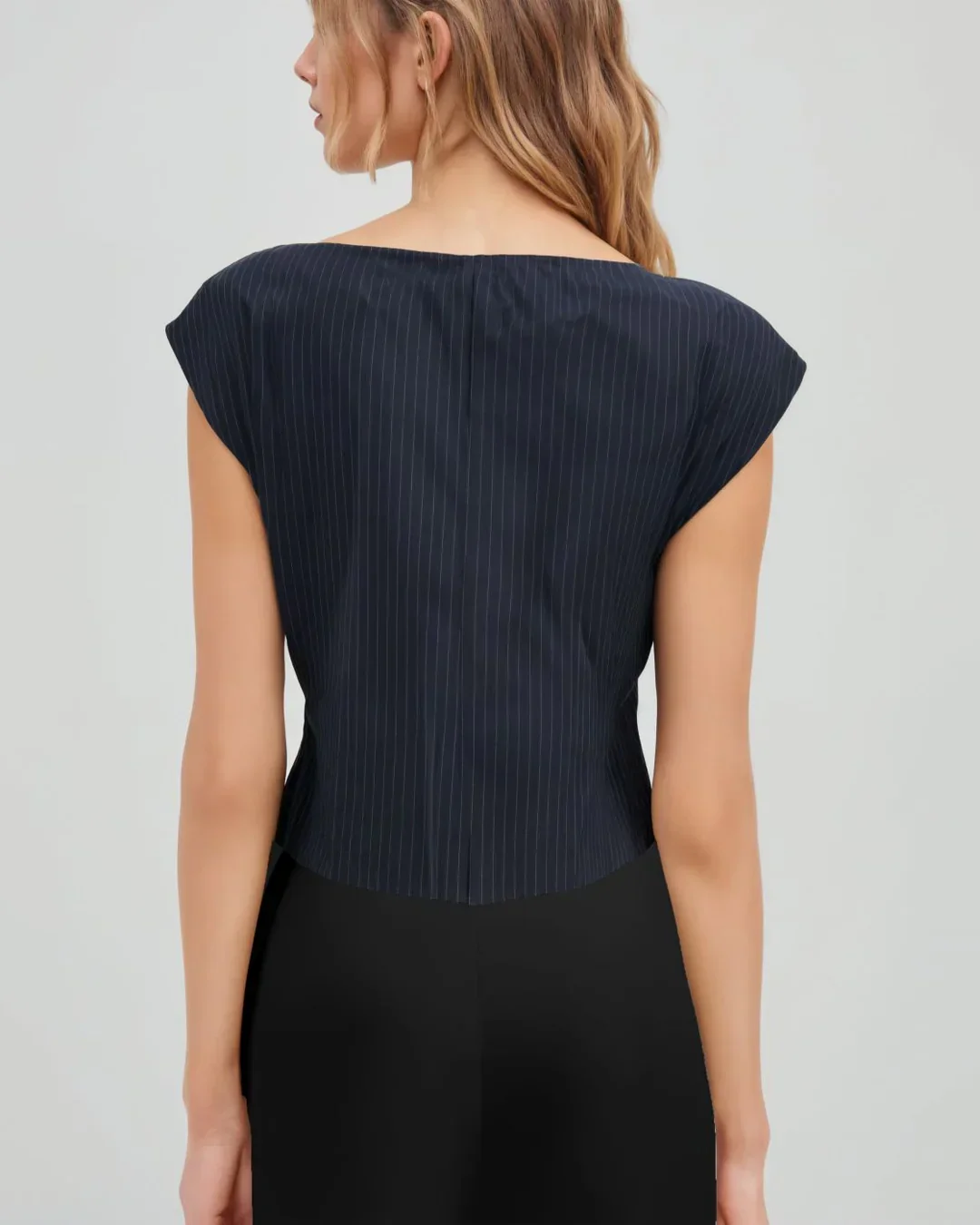 Boat Neck Stripe Knotted Top in Navy Blue - Image 3