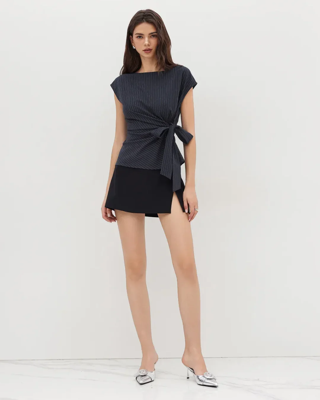 Boat Neck Stripe Knotted Top in Navy Blue - Image 4