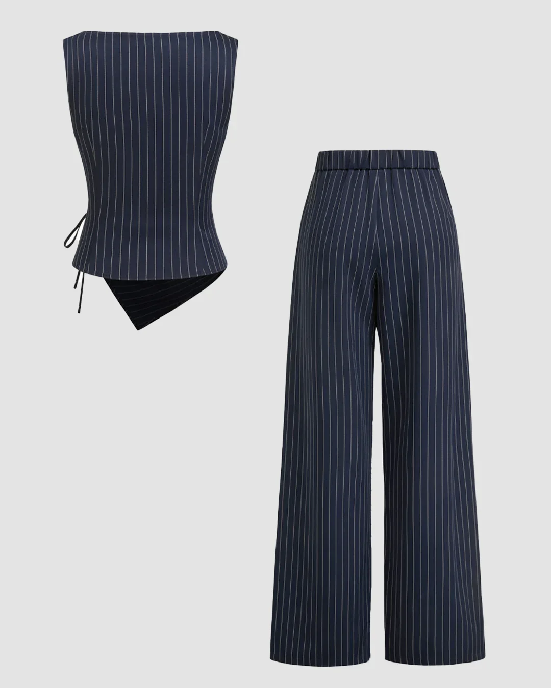 Boat Neck Striped Wrap Knotted Top & Mid Rise Straight Leg Trousers Set - Image 2
