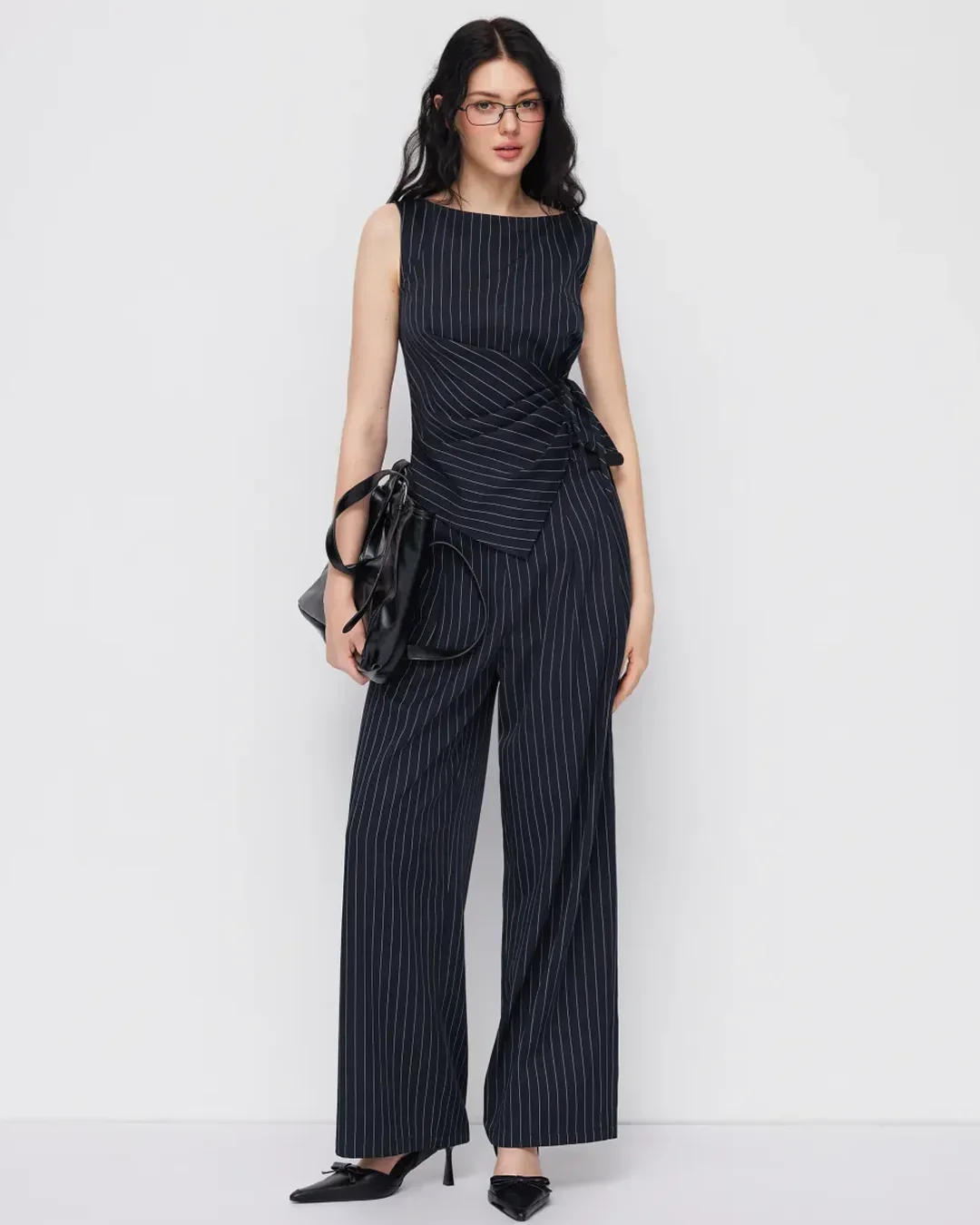 Boat Neck Striped Wrap Knotted Top & Mid Rise Straight Leg Trousers Set - Image 3