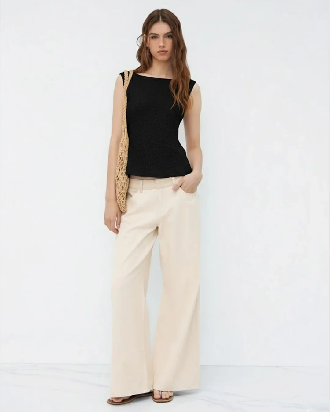Boat Neck Texture Knotted Split Tank Top in Black - Image 3