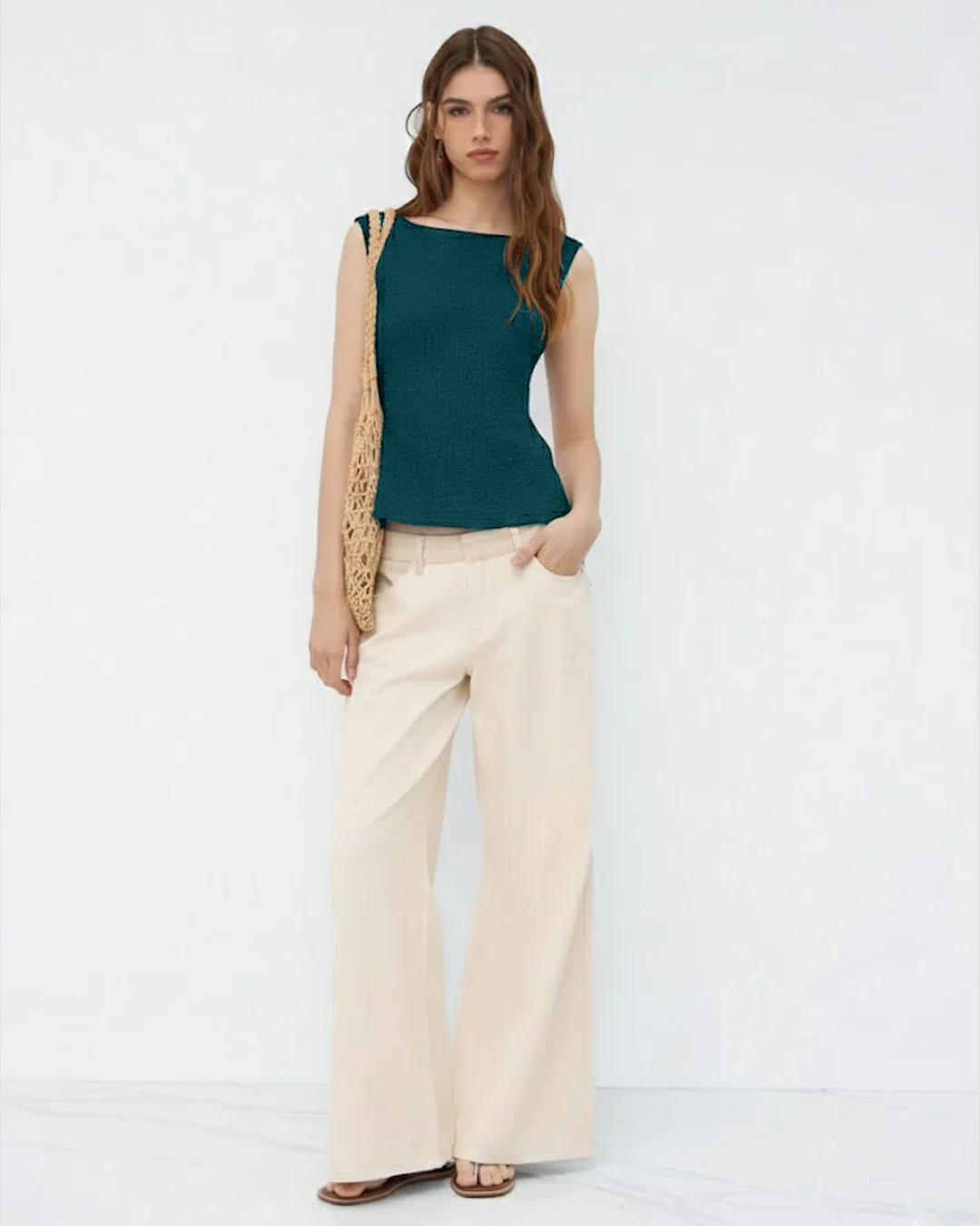 Boat Neck Texture Knotted Split Tank Top in Blue - Image 3