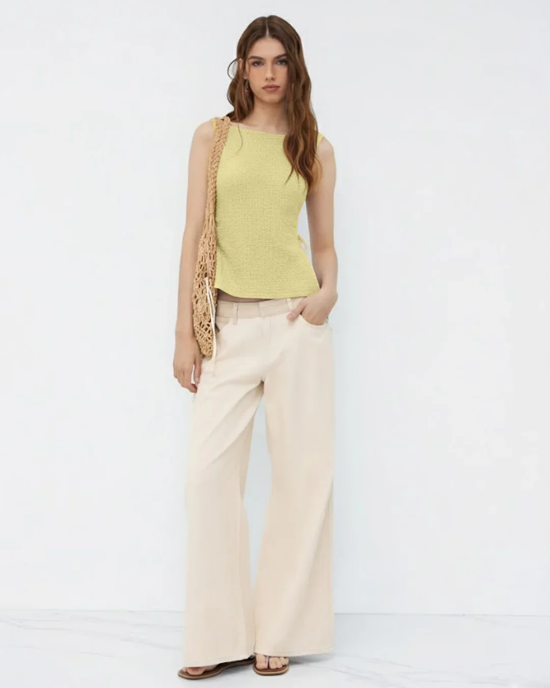 Boat Neck Texture Knotted Split Tank Top in French Vanilla - Image 3