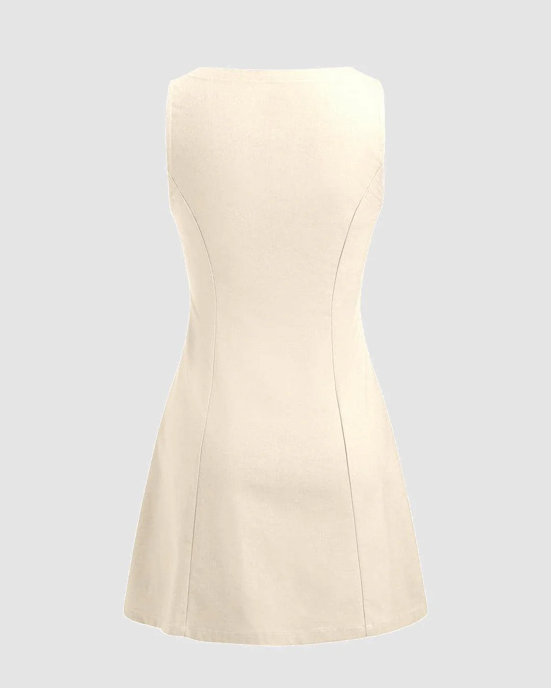 Boat Neckline Solid Button Sleeveless Off-White Mini Dress - Image 2