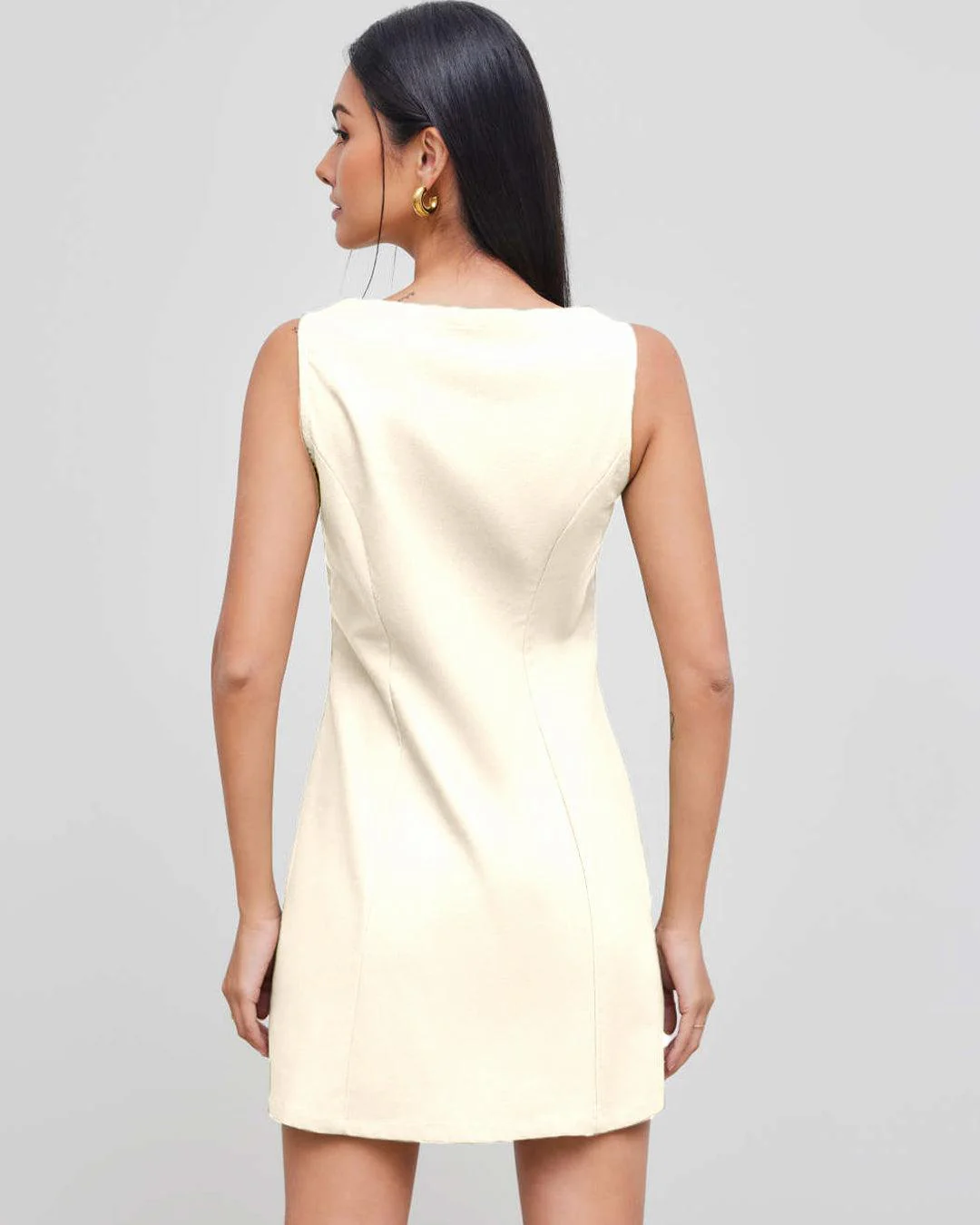 Boat Neckline Solid Button Sleeveless Off-White Mini Dress - Image 4