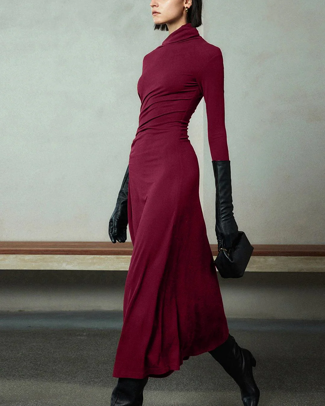 Bodycon Asymmetrical Neck Long Sleeve Ruched Maxi Dress - Image 2