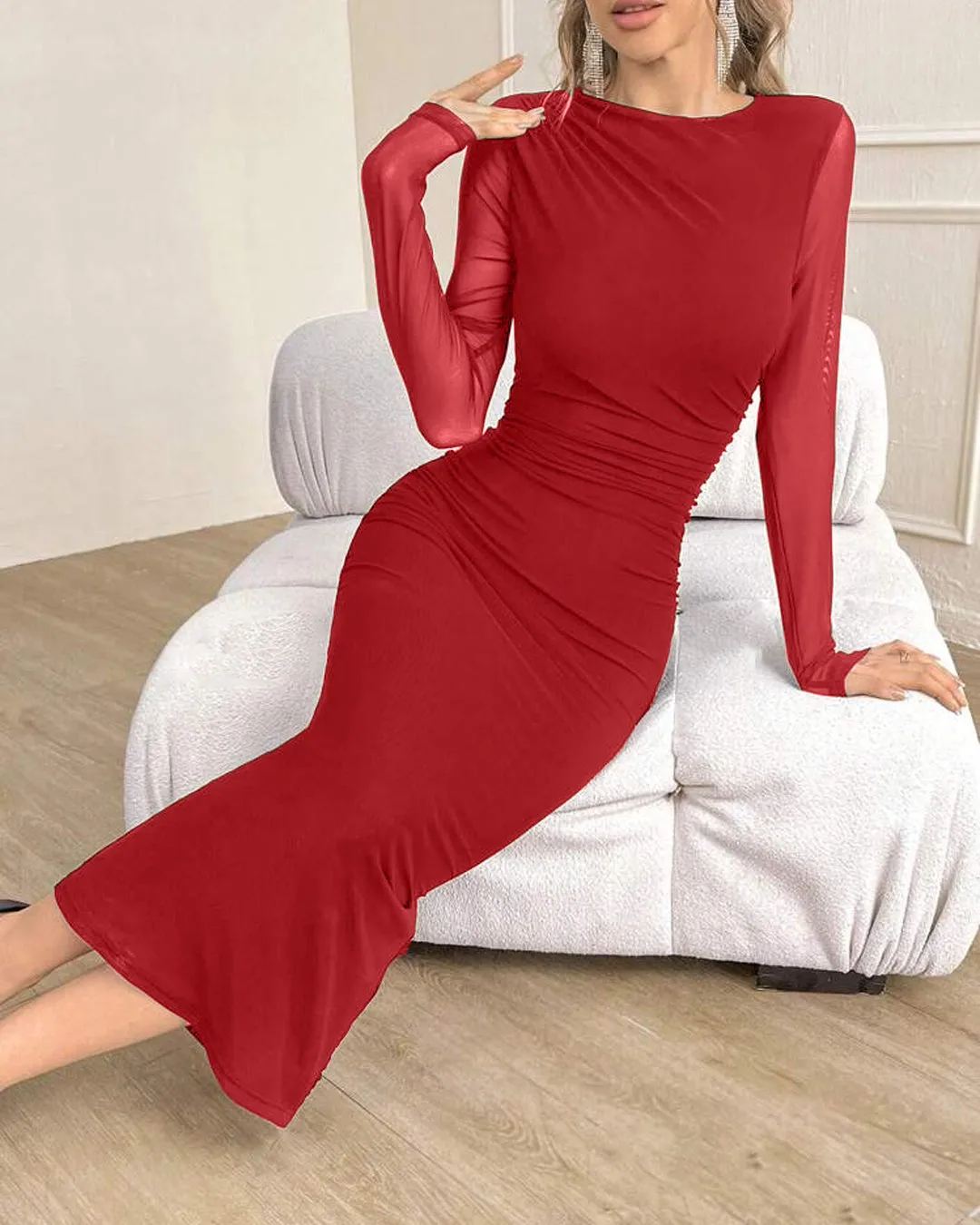 Bodycon Corset Long Sleeve Red Dress - Image 2