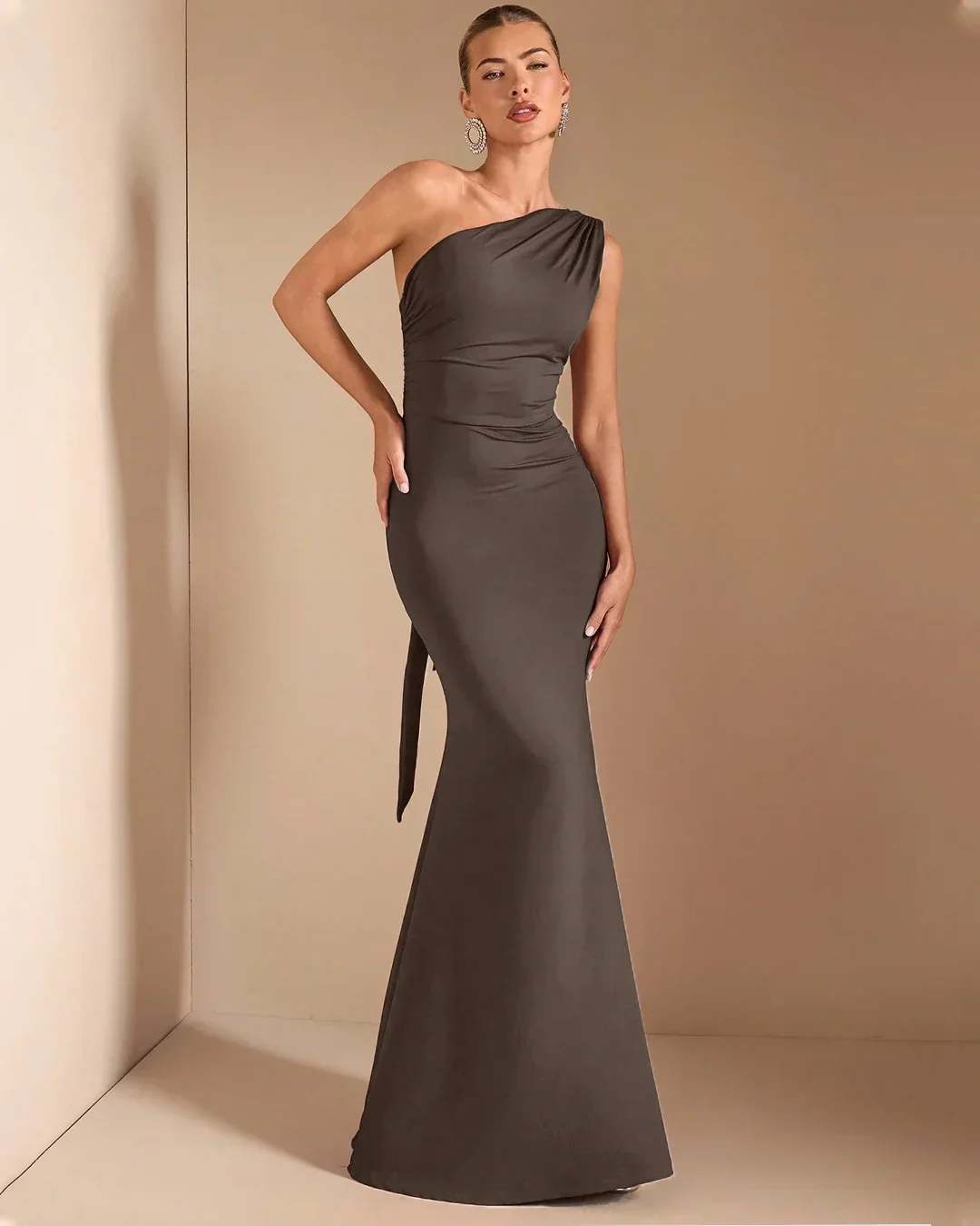 Bodycon Maxi Dress with Open Back Tie Detail in Coca - Image 3
