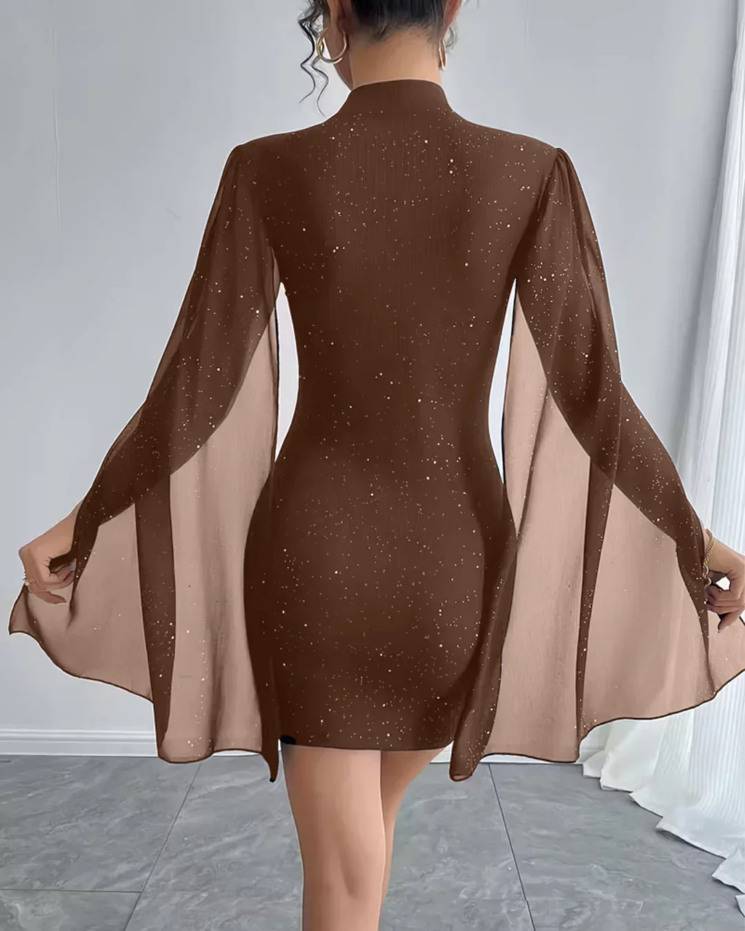 Bodycon Mini Dress Crew Neck Lantern Sleeves in Brown - Image 2