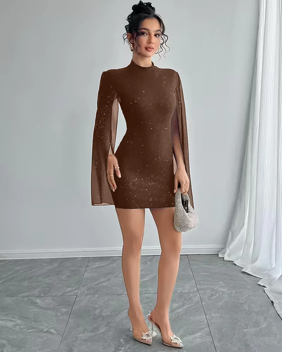 Bodycon Mini Dress Crew Neck Lantern Sleeves in Brown - Image 3