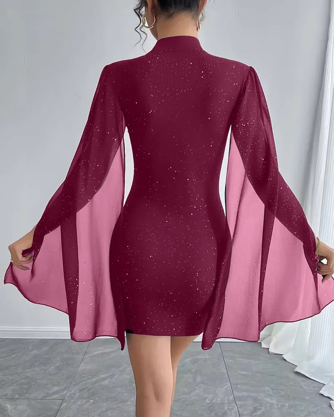 Bodycon Mini Dress Crew Neck Lantern Sleeves in Maroon - Image 2