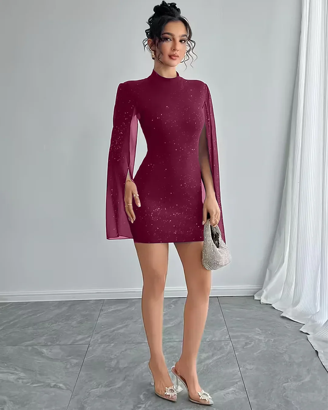 Bodycon Mini Dress Crew Neck Lantern Sleeves in Maroon - Image 3