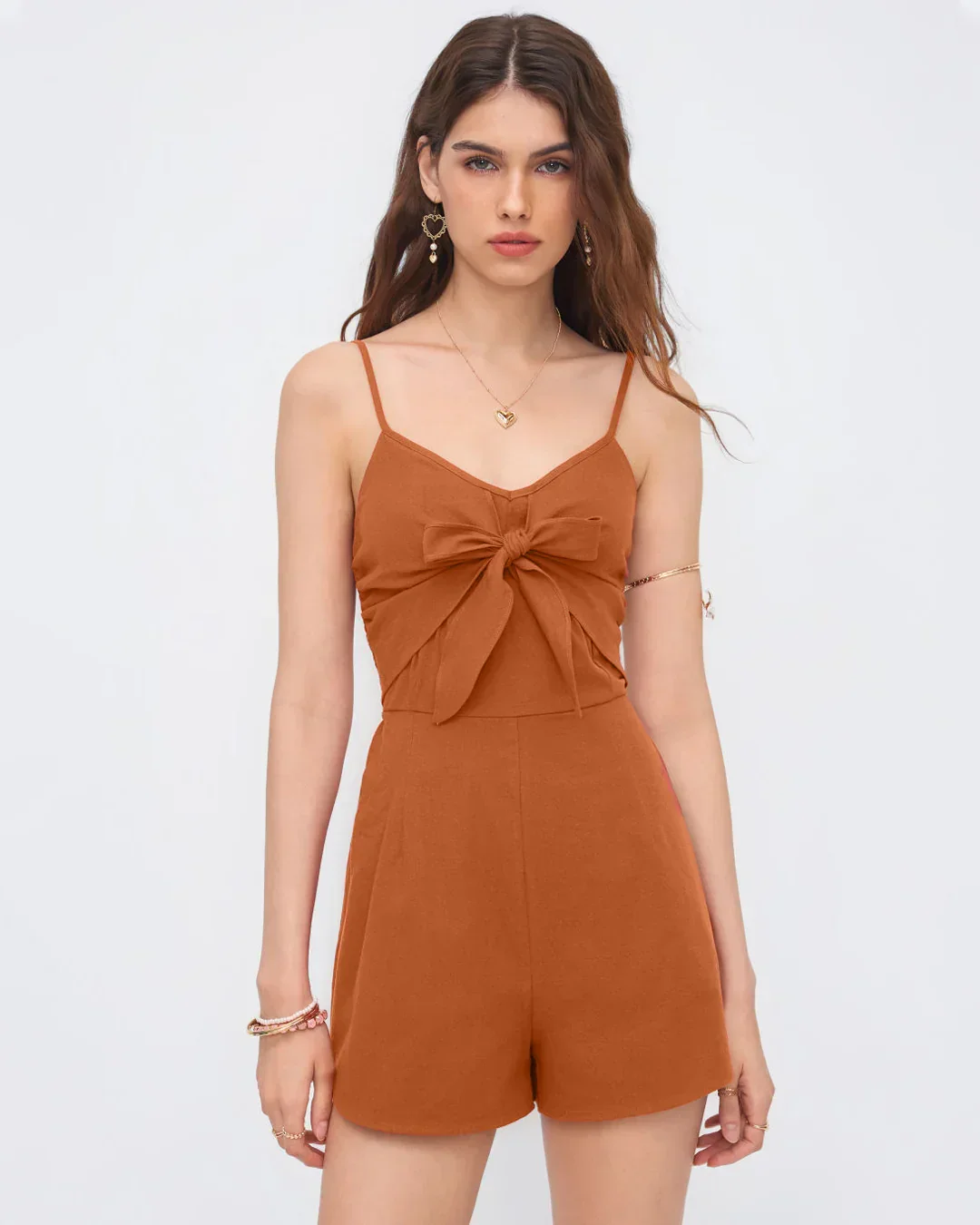 Bowknot Shirred Sleeveless V-Neck Spaghetti Strap Jumpsuit in Rust - Image 3