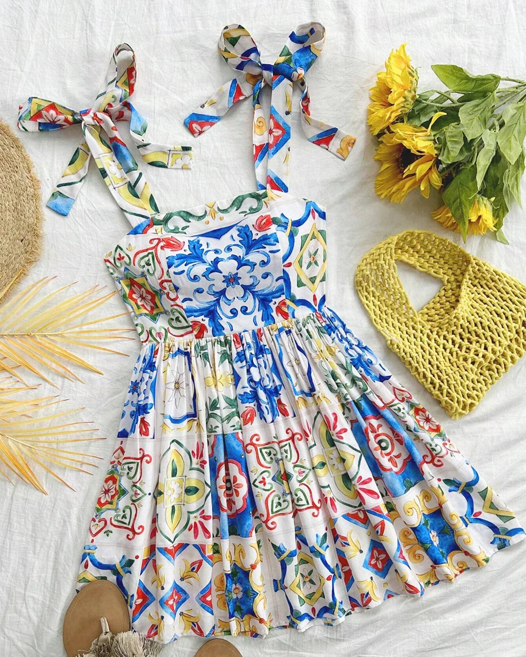Printed Tie-Up Strap Fit and Flare Mini Dress - Image 2