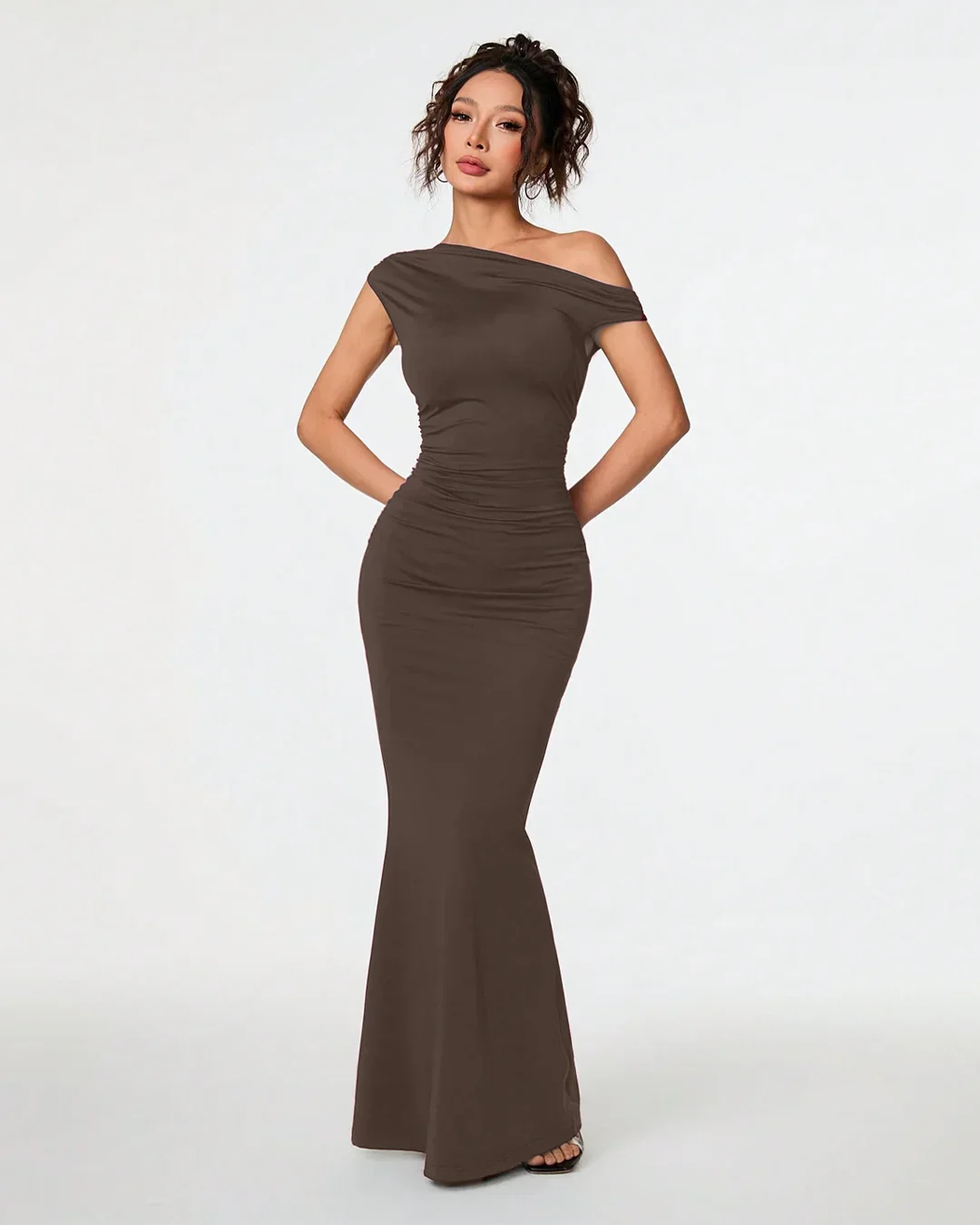 Brown Asymmetrical Neck Bodycon Maxi Dress - Image 2