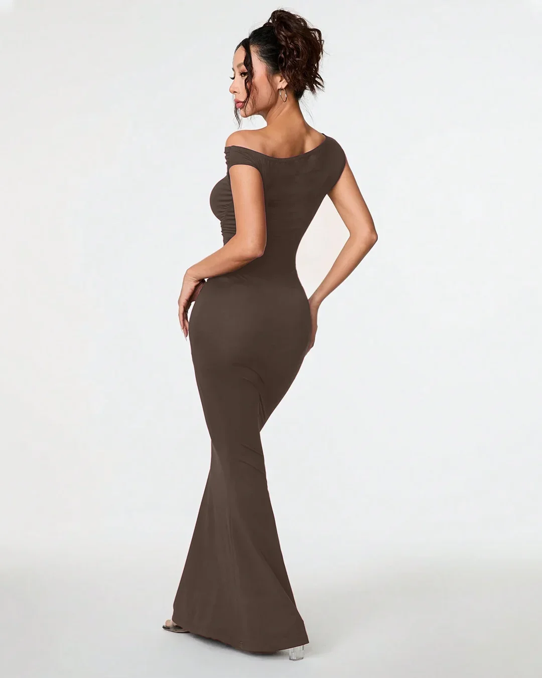 Brown Asymmetrical Neck Bodycon Maxi Dress - Image 3