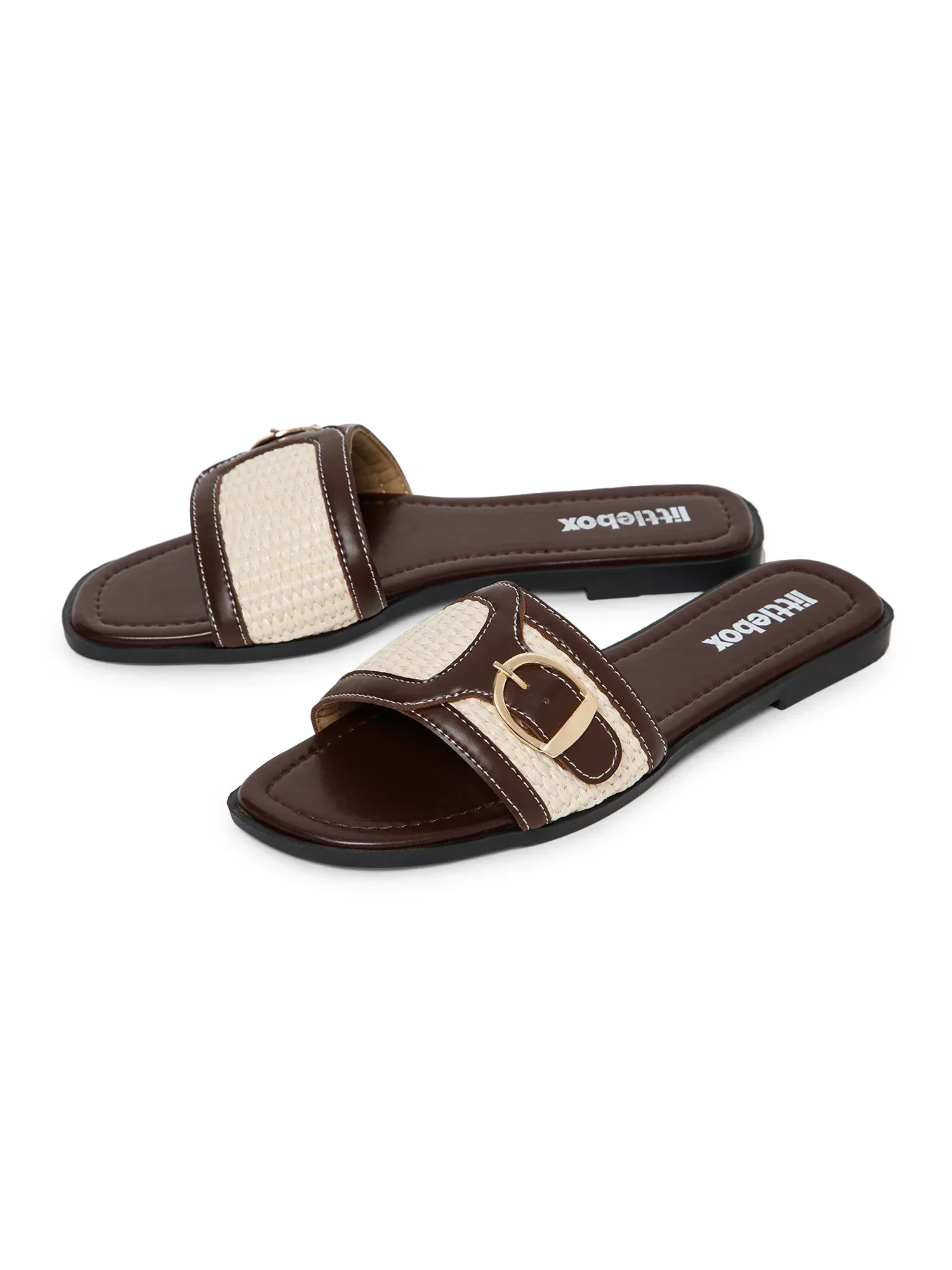 Brown & Beige Colorblocked Buckle Strap Sandals - Image 6