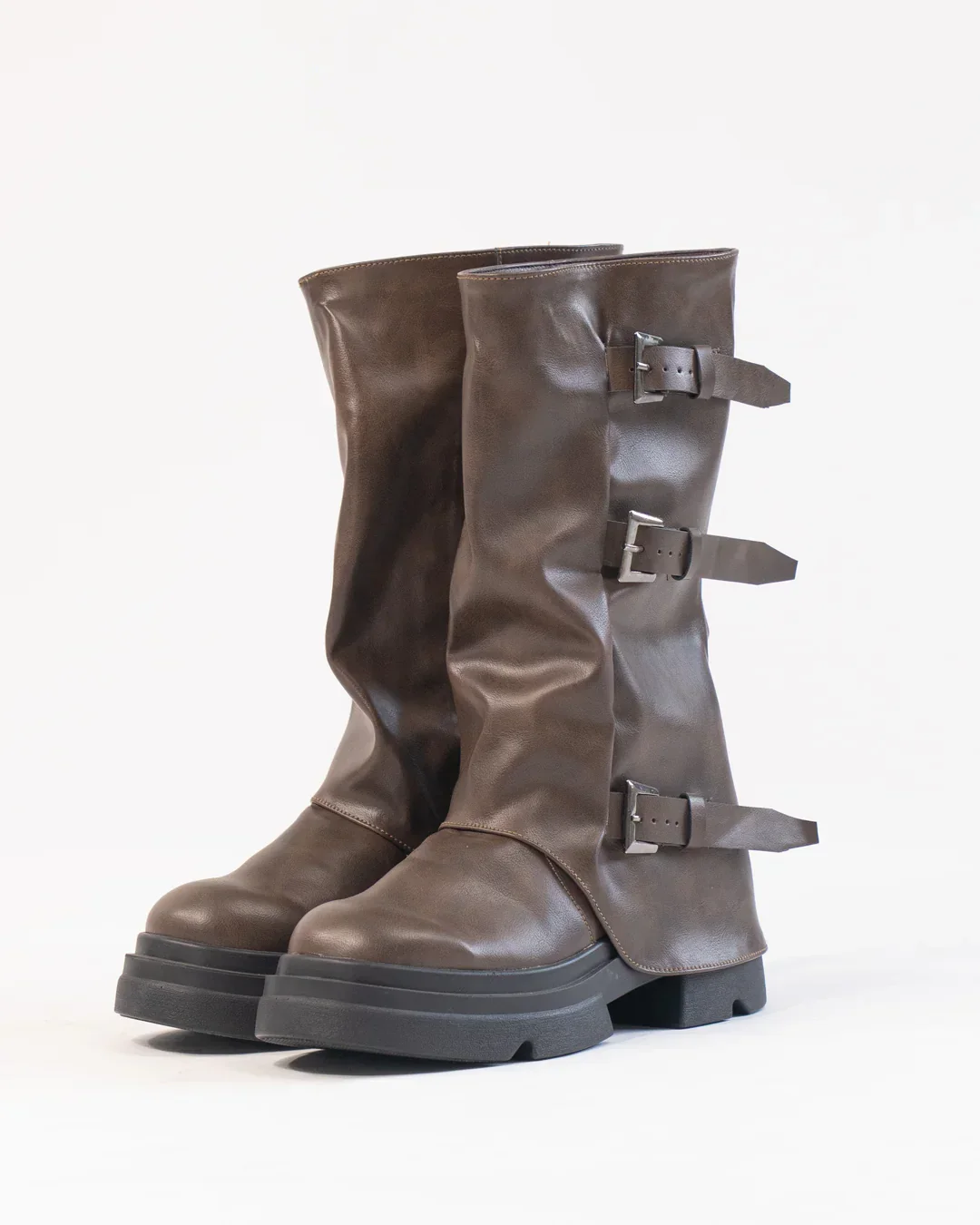 Brown Buckle Detail Chunky Sole Mid Calf Boots