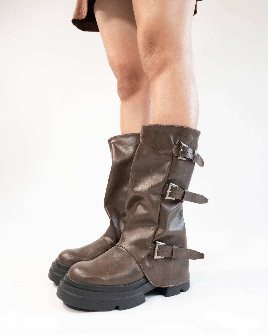 Brown Buckle Detail Chunky Sole Mid Calf Boots - Image 2