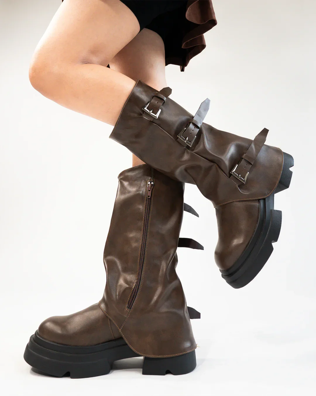 Brown Buckle Detail Chunky Sole Mid Calf Boots - Image 3