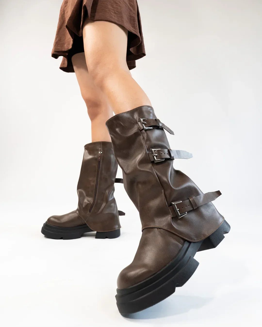 Brown Buckle Detail Chunky Sole Mid Calf Boots - Image 4