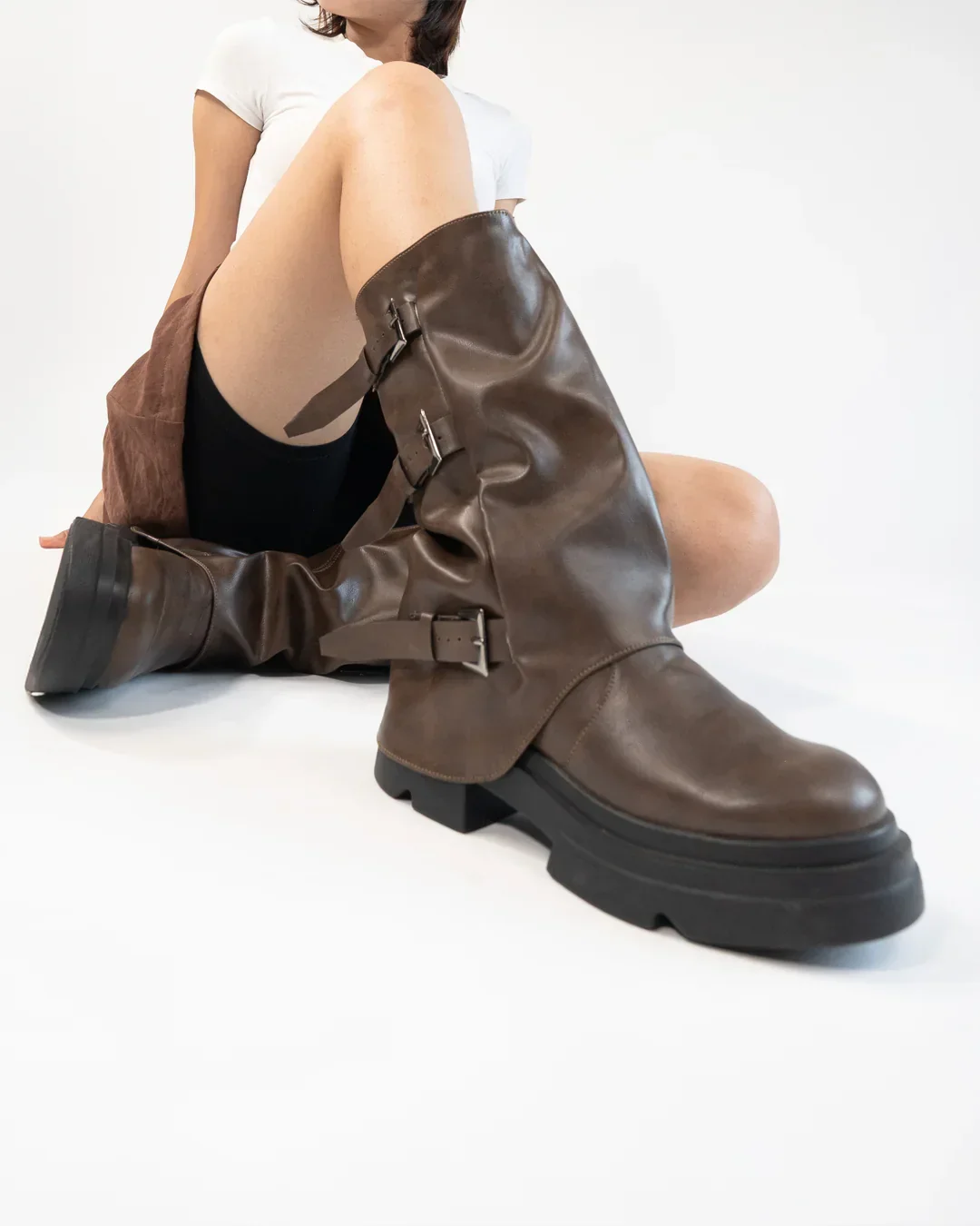 Brown Buckle Detail Chunky Sole Mid Calf Boots - Image 5