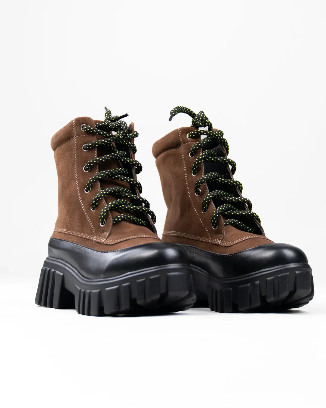 Brown Chunky Lace-Up Ankle Boots with Contrast Toe - Image 2