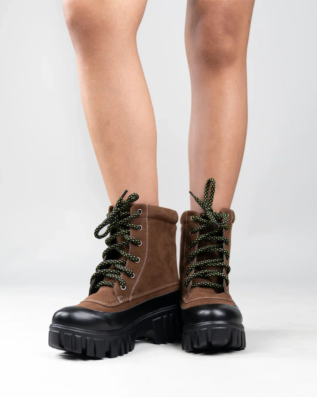 Brown Chunky Lace-Up Ankle Boots with Contrast Toe - Image 3