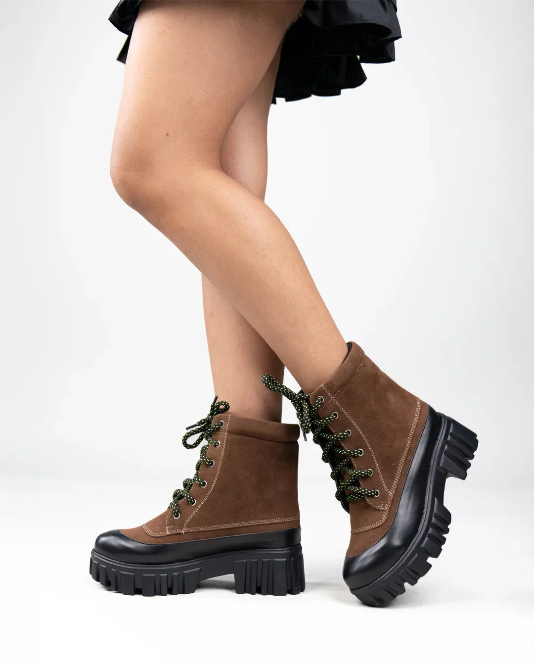 Brown Chunky Lace-Up Ankle Boots with Contrast Toe - Image 4