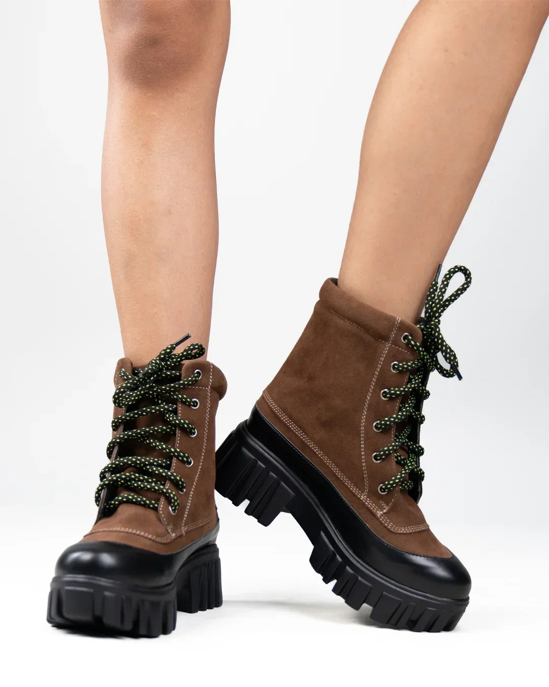 Brown Chunky Lace-Up Ankle Boots with Contrast Toe - Image 5