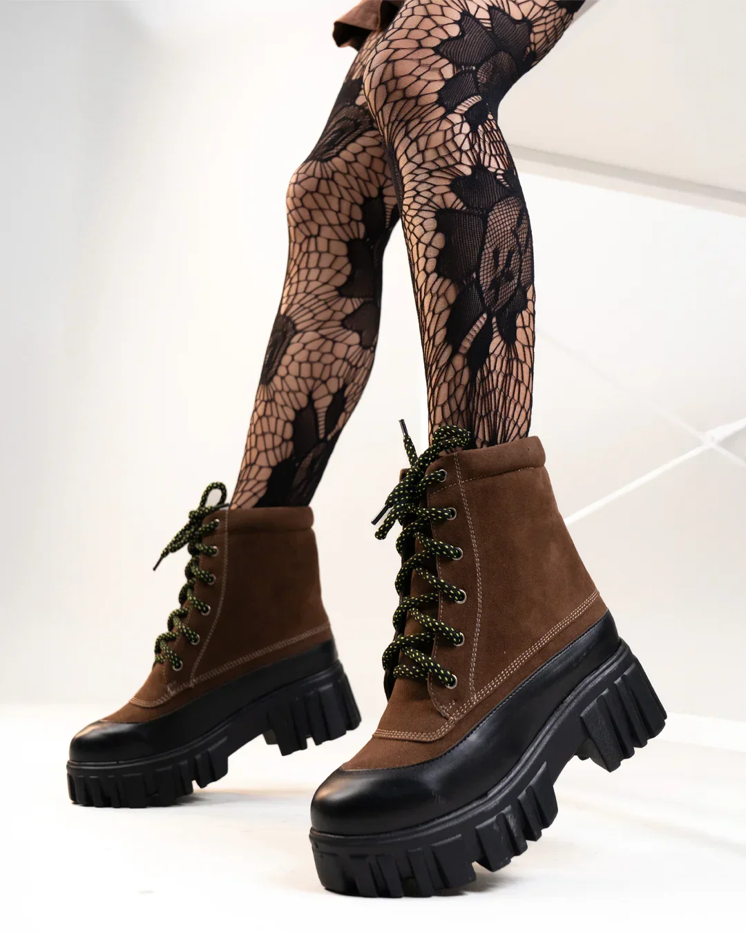 Brown Chunky Lace-Up Ankle Boots with Contrast Toe - Image 7