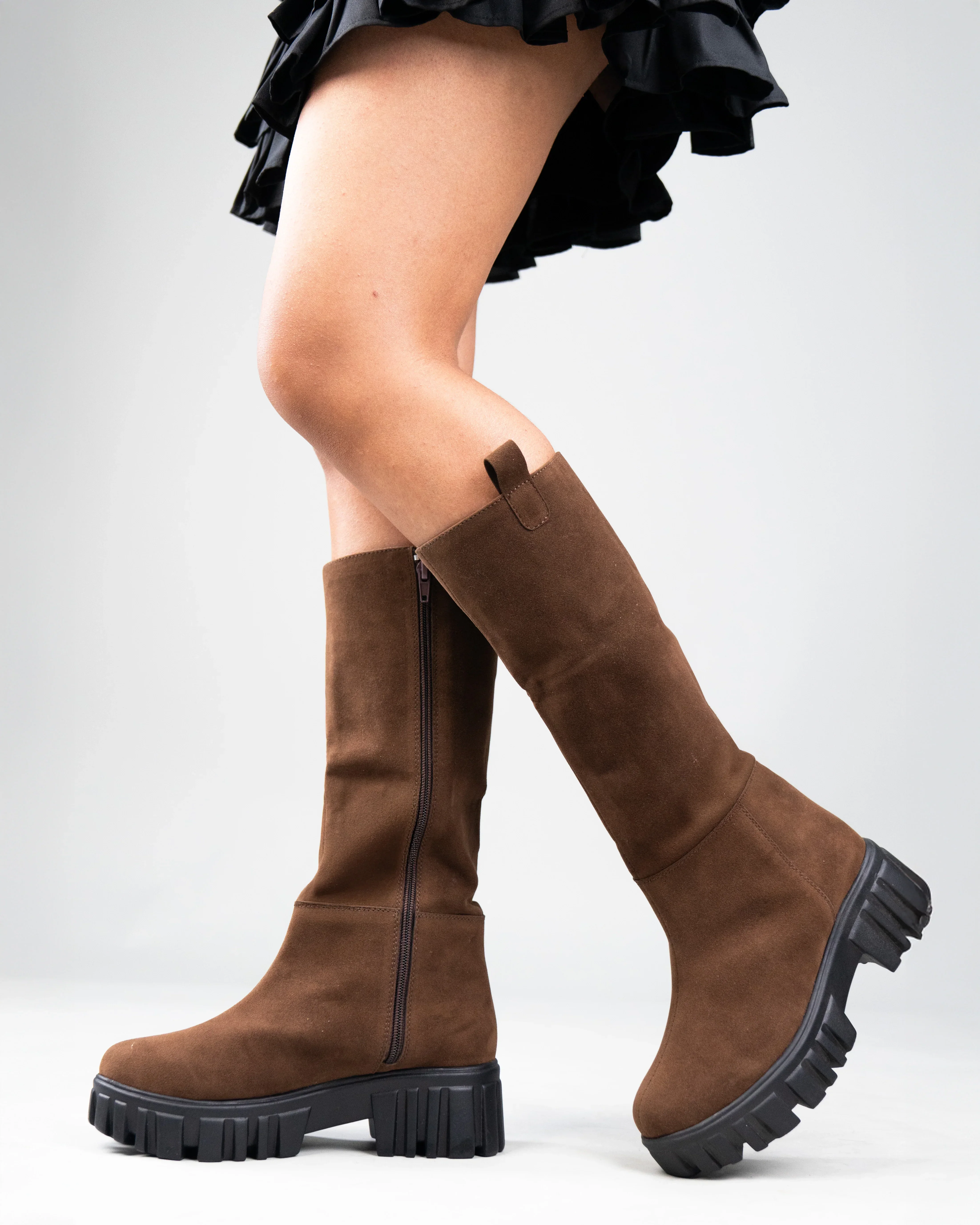 Brown Chunky Sole Knee High Long Biker Boot - Image 2