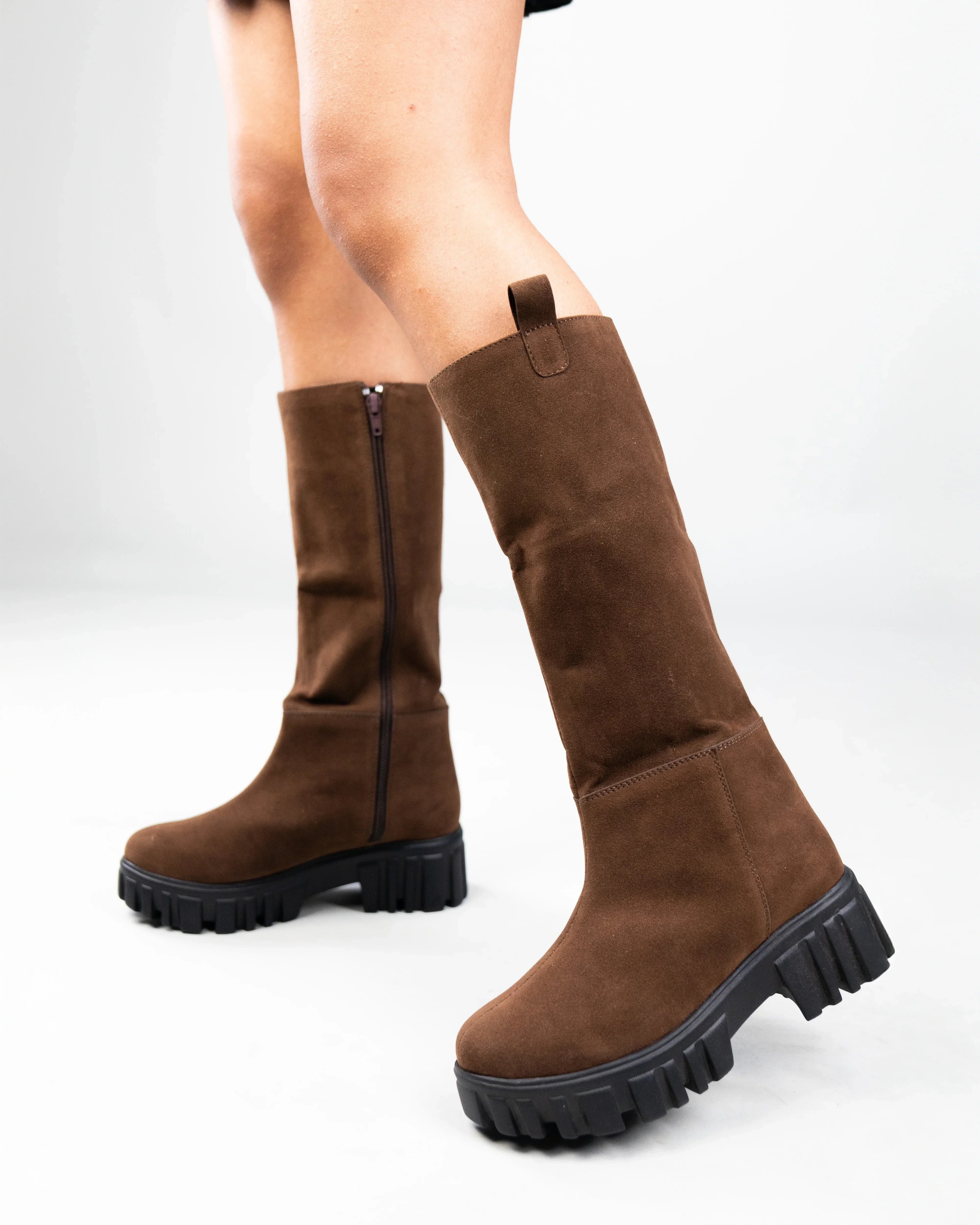 Brown Chunky Sole Knee High Long Biker Boot - Image 3