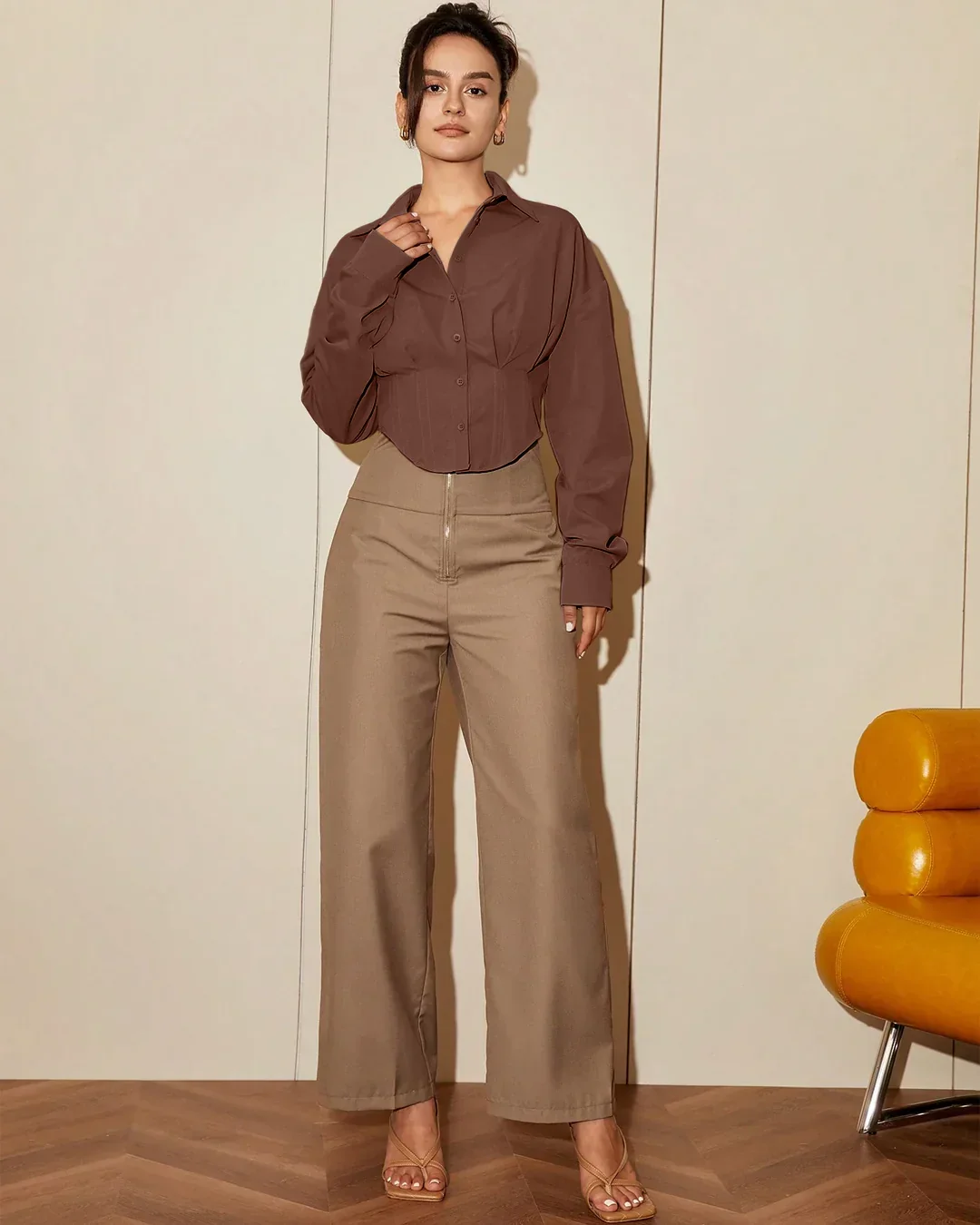 Brown Collared Button Down Fitted Shirt - Image 2