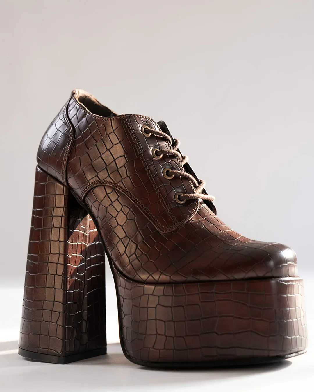 Brown Croc Embossed Chunky High Platform Ankle Heel Boots - Image 2
