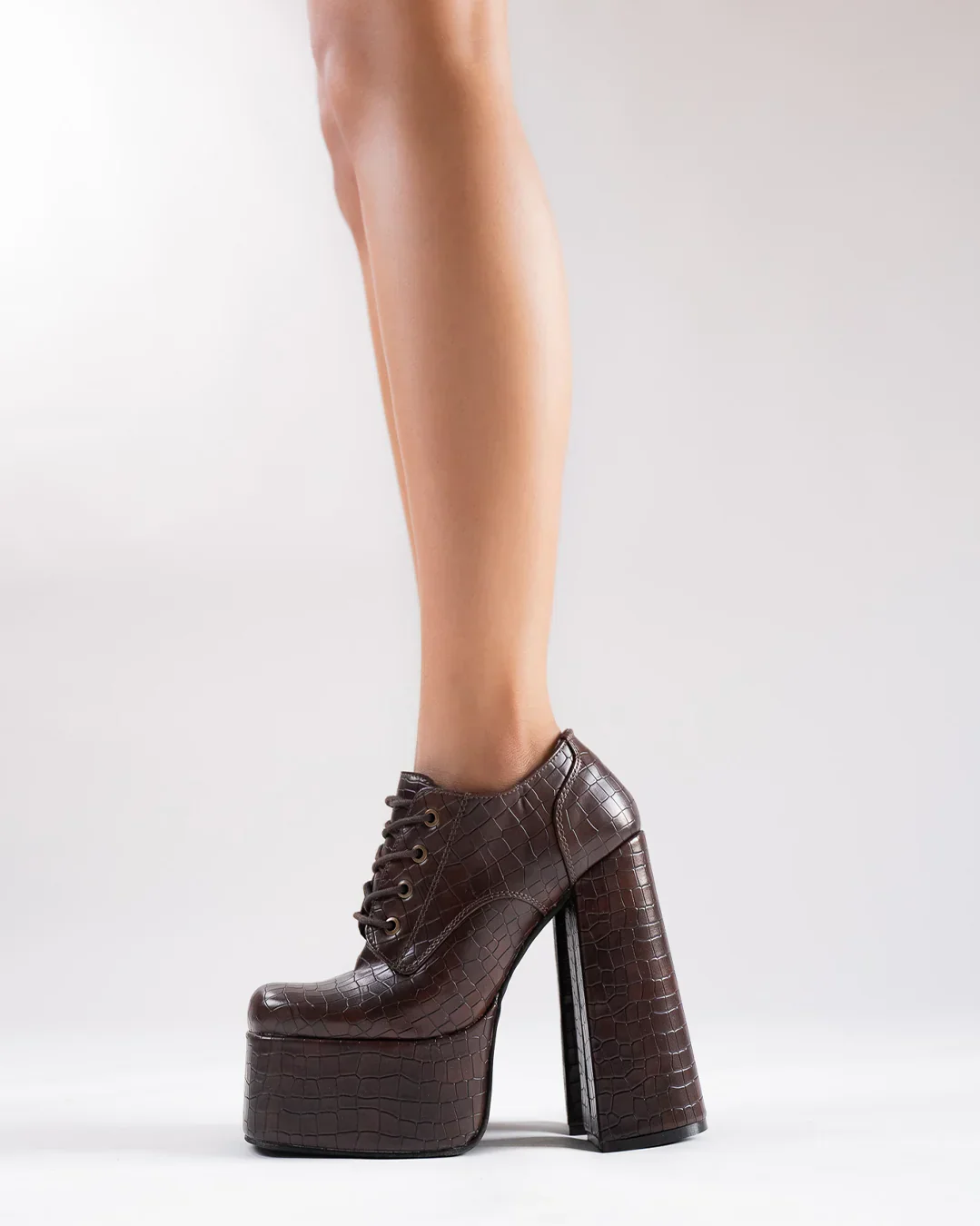 Brown Croc Embossed Chunky High Platform Ankle Heel Boots - Image 3