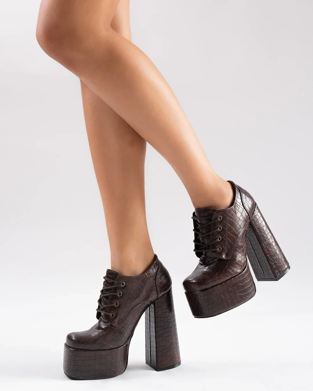 Brown Croc Embossed Chunky High Platform Ankle Heel Boots - Image 5
