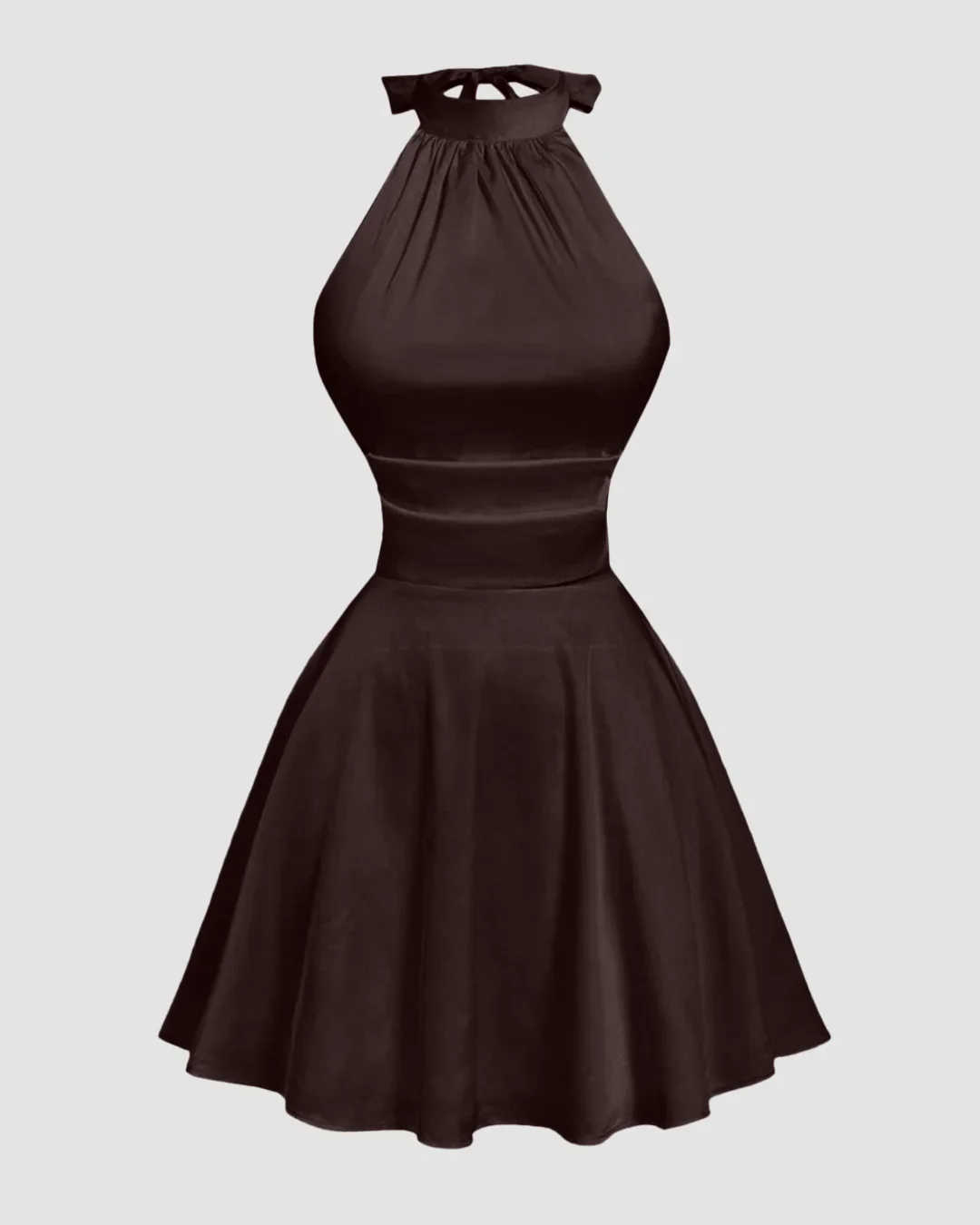 Brown Halter Neck Backless Ruched Mini Dress